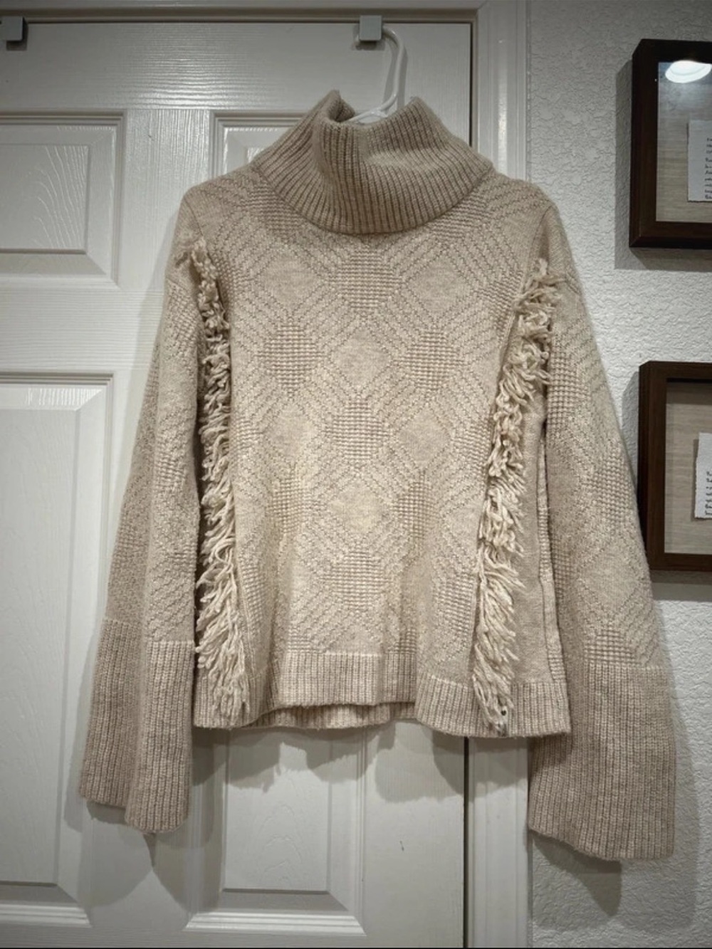 Woolrich Cream Turtleneck Fringe Knit Sweater